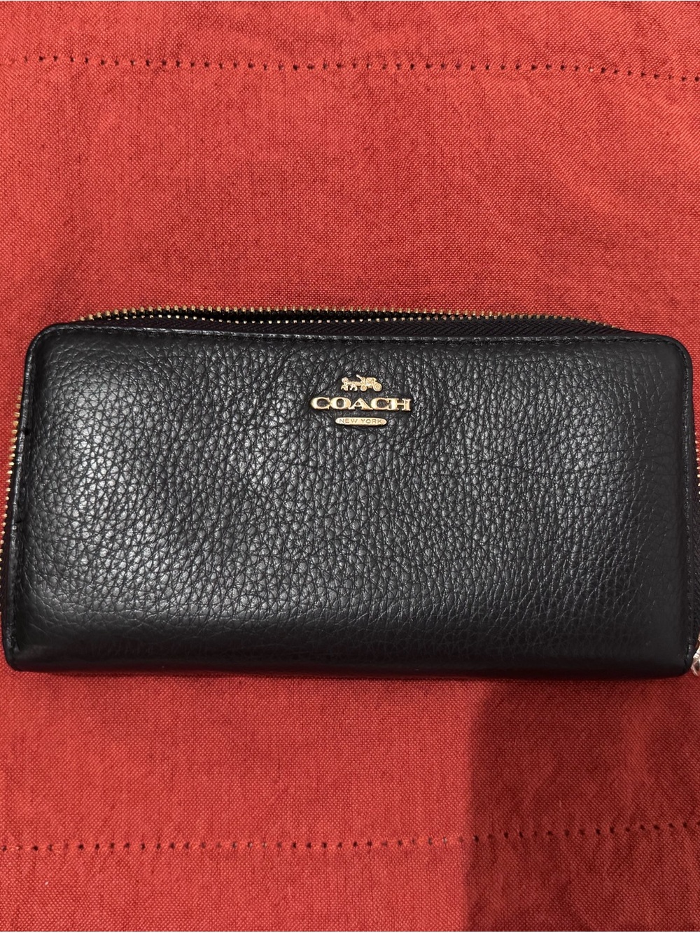 COACH Black Pebbled Leather Zip Wallet with Gold Logo